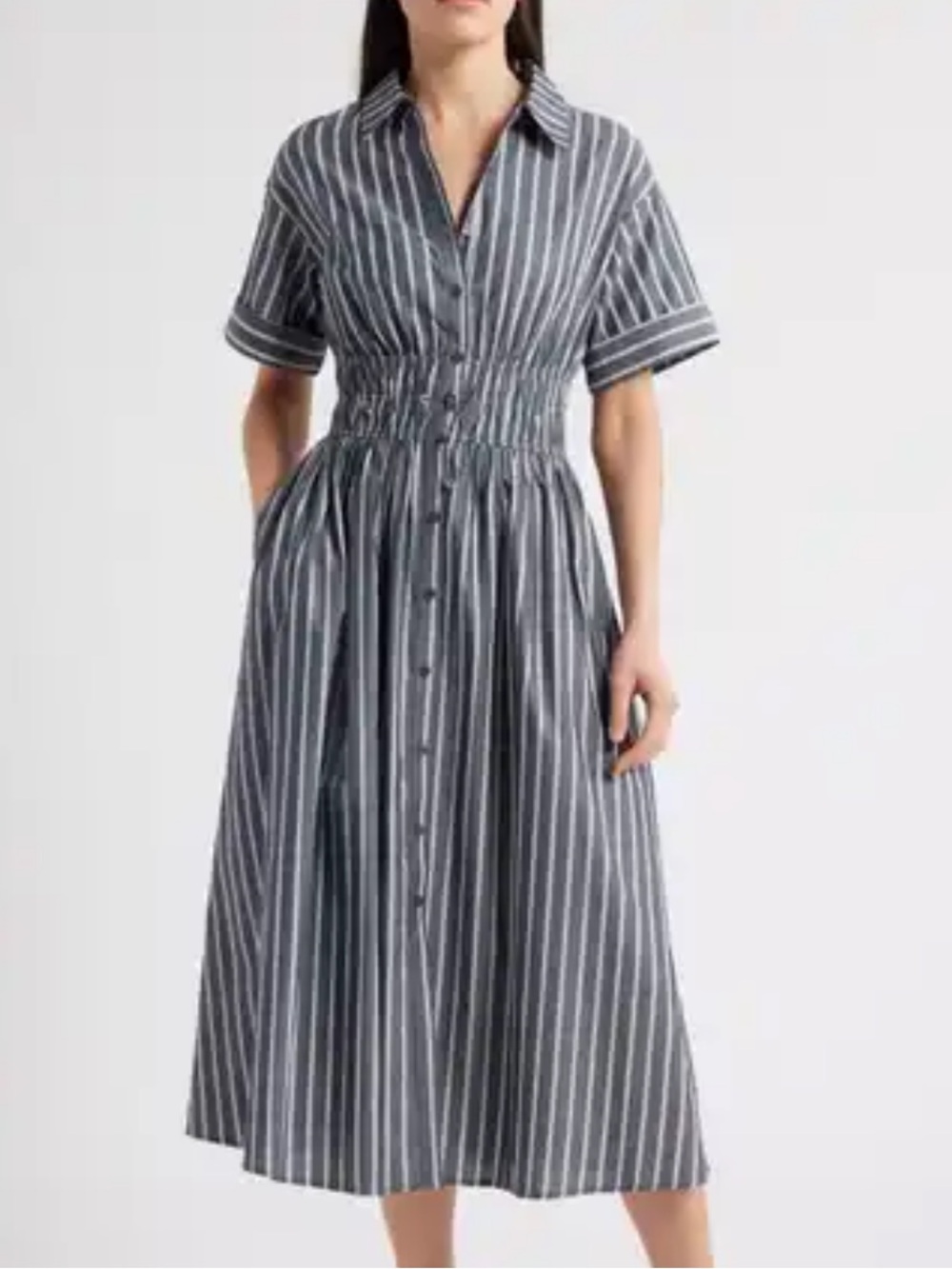 En Saison Striped Button-Front Midi Dress in Charcoal and White